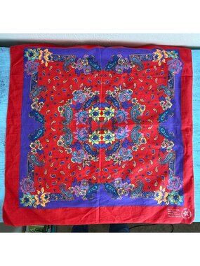 Vintage Red & Purple Paisley & Floral Pattern Cotton Bandana Made In USA